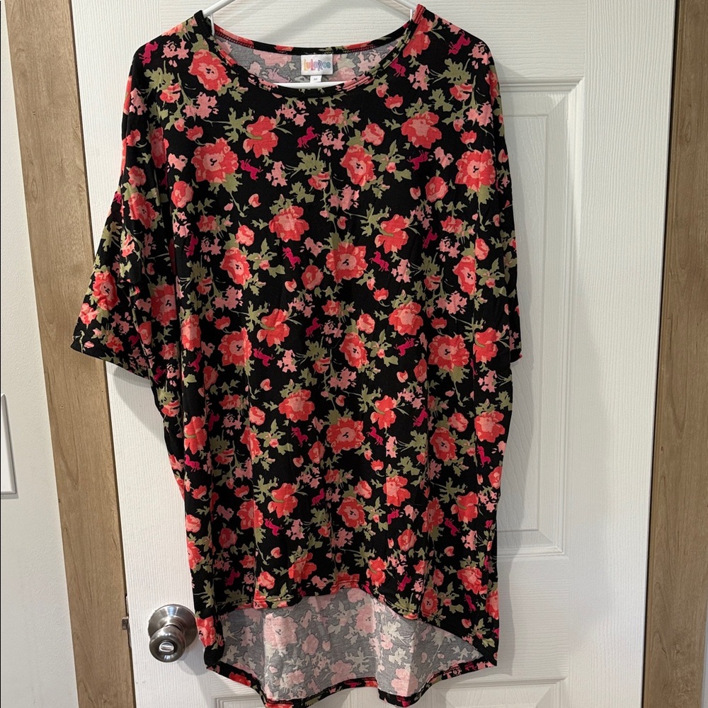 LuLaRoe Black Tunic with Red and Green Floral Pattern